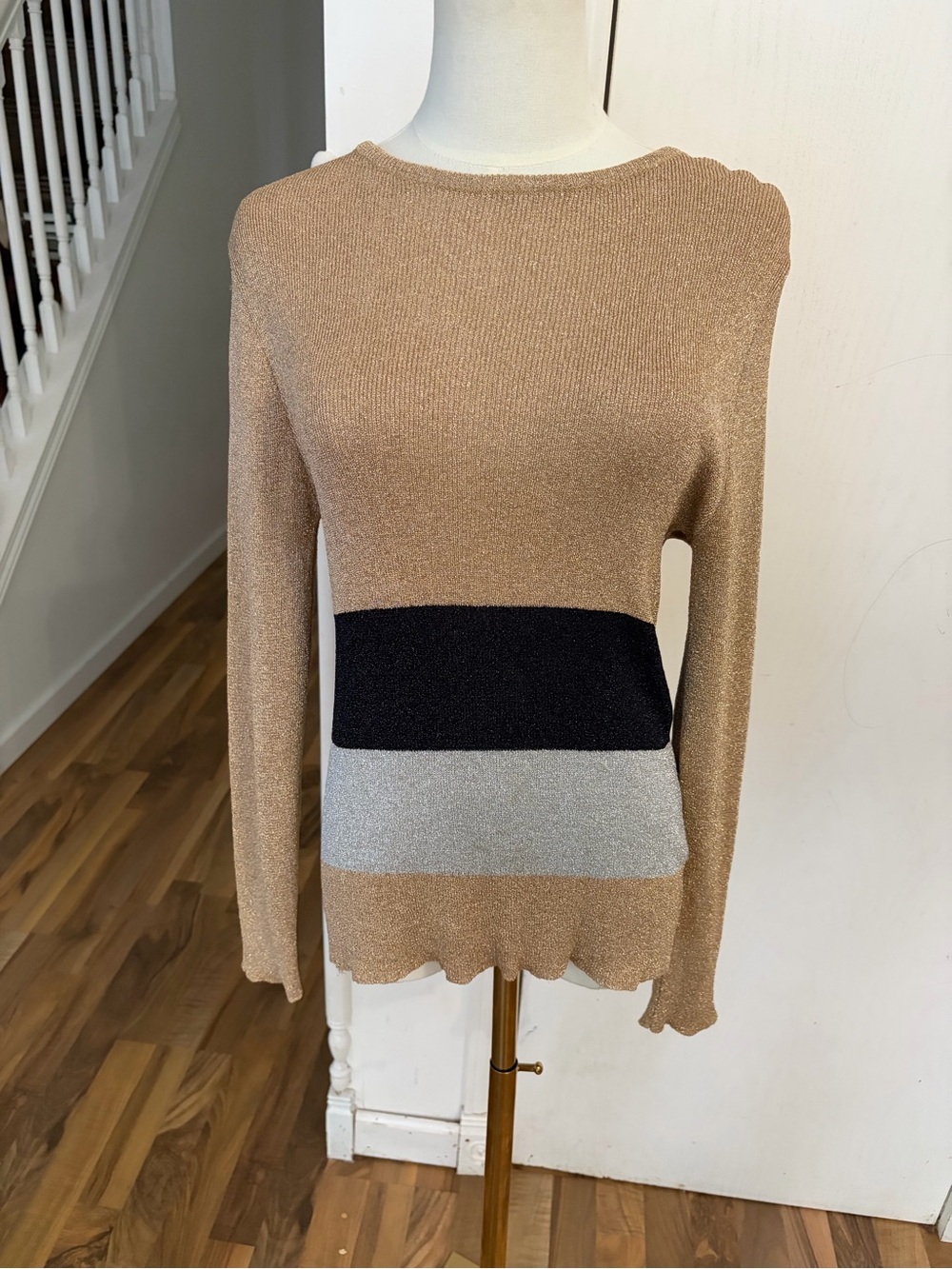 True vintage Metallic Gold, Black and Silver Metallic Stripes Sweater Large, EUC